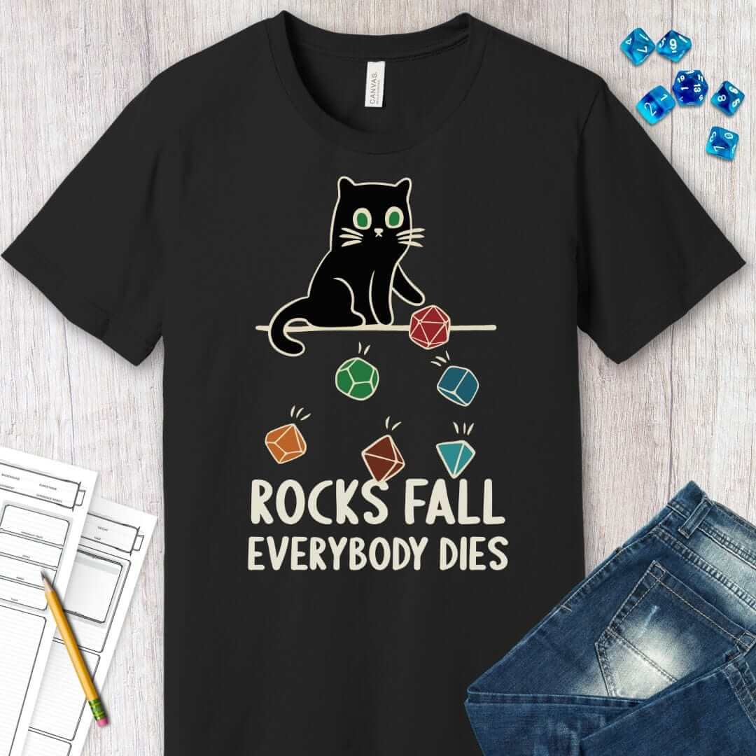 Printify T-Shirt Rocks Fall Everybody Dies Cat Dice T-Shirt