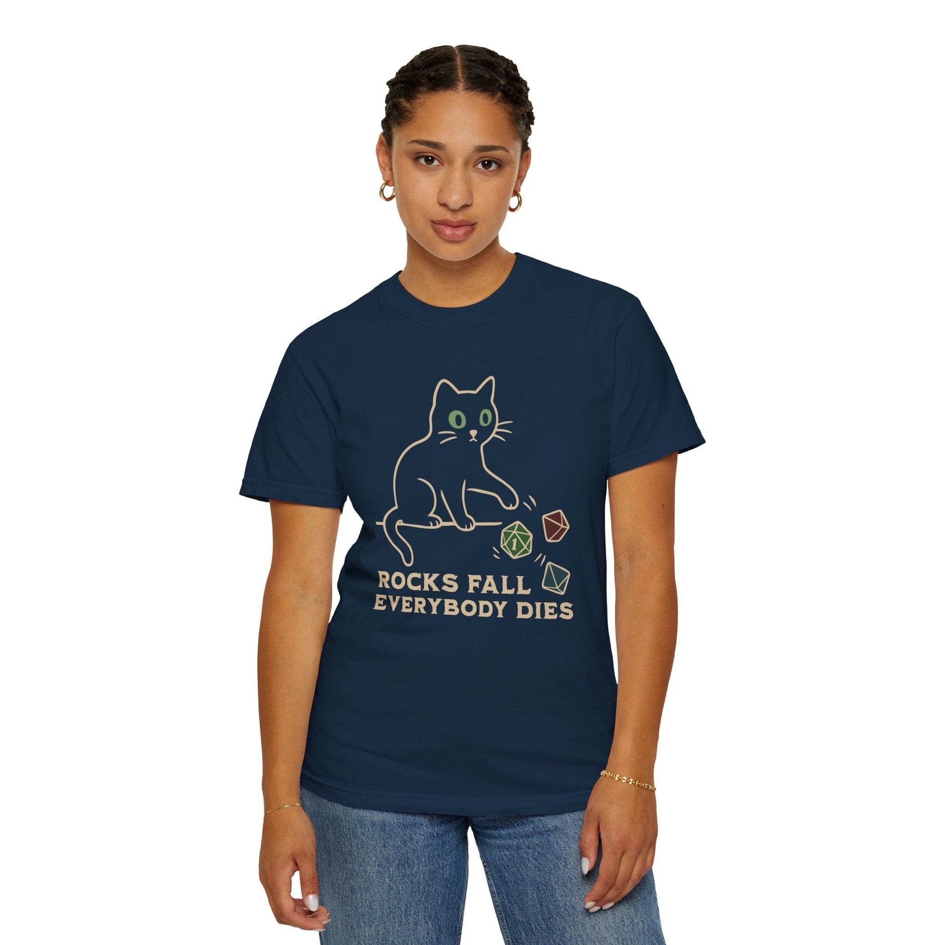 Printify T-Shirt Rocks Fall Everybody Dies Cat Dice T-Shirt - Comfort Colors