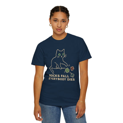 Printify T-Shirt Rocks Fall Everybody Dies Cat Dice T-Shirt - Comfort Colors