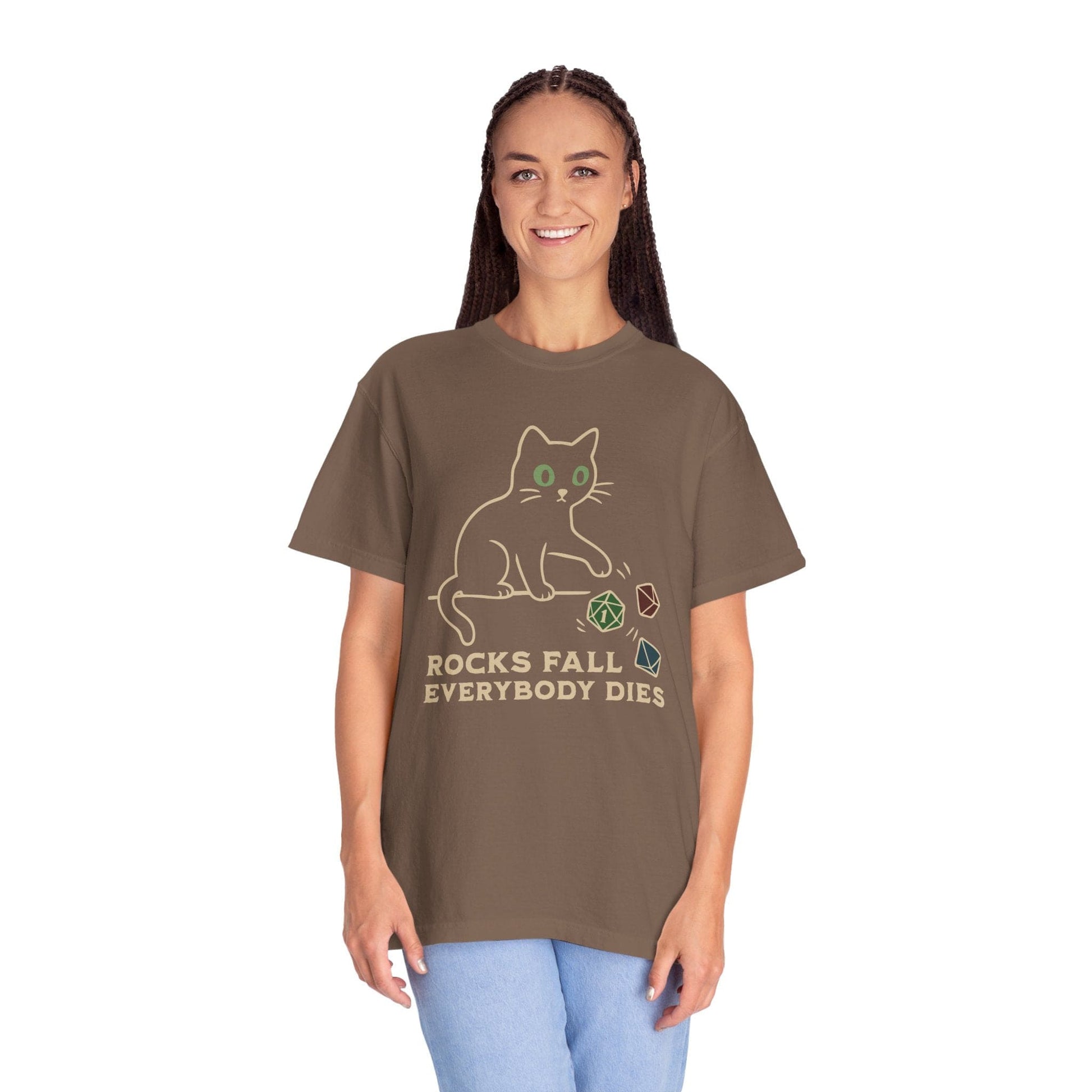 Printify T-Shirt Rocks Fall Everybody Dies Cat Dice T-Shirt - Comfort Colors