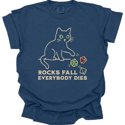Printify T-Shirt True Navy / S Rocks Fall Everybody Dies Cat Dice T-Shirt - Comfort Colors