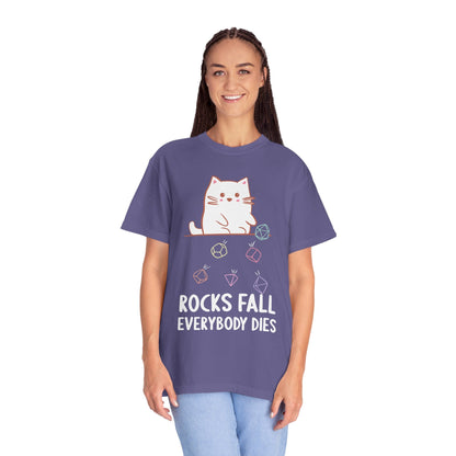 Printify T-Shirt Rocks Fall Everybody Dies Kawaii Cat T-Shirt - Comfort Colors
