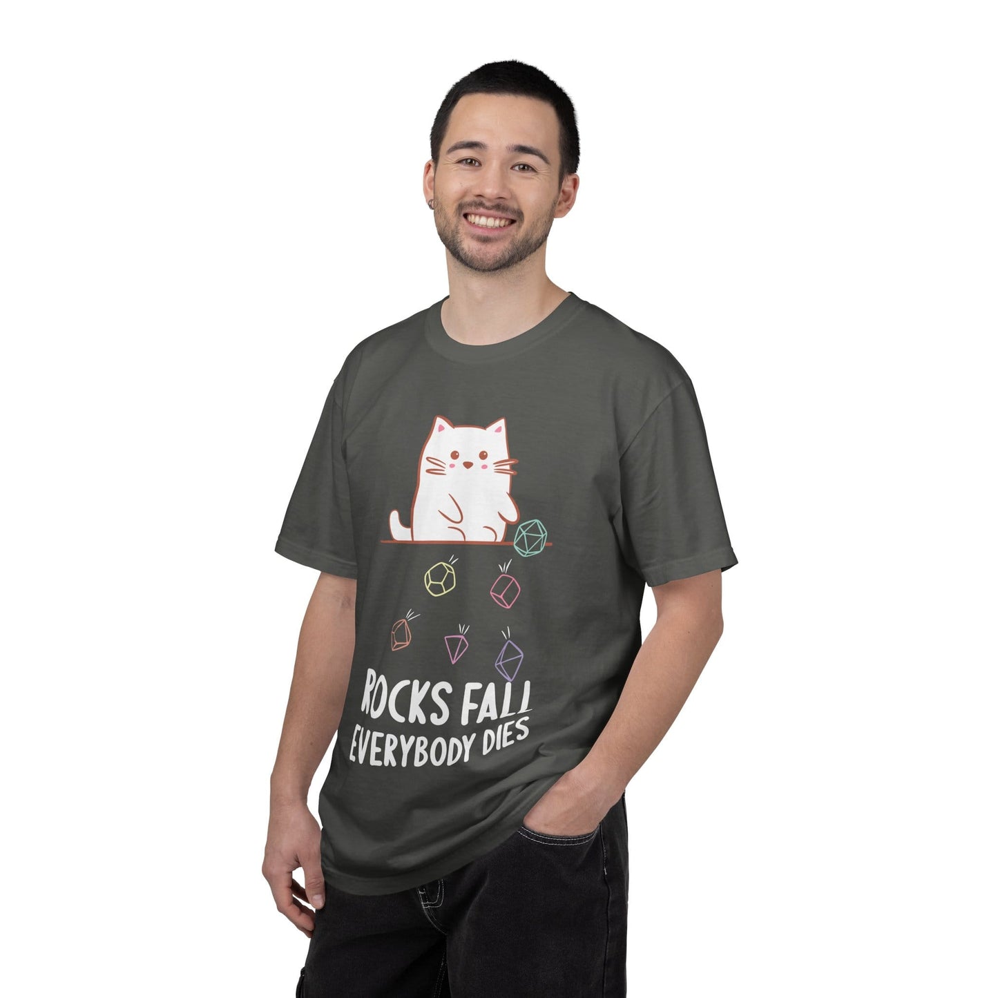 Printify T-Shirt Rocks Fall Everybody Dies Kawaii Cat T-Shirt - Comfort Colors