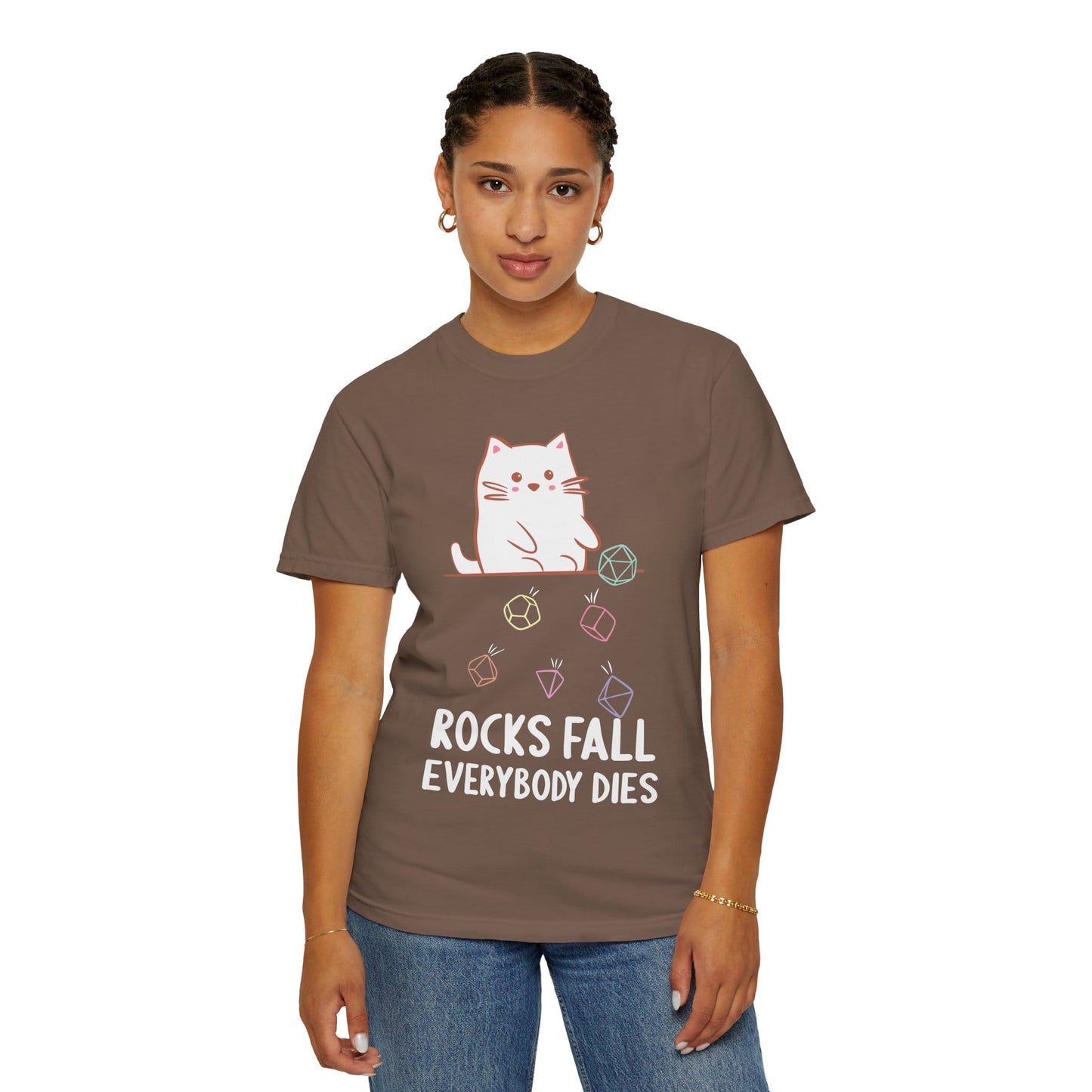 Printify T-Shirt Rocks Fall Everybody Dies Kawaii Cat T-Shirt - Comfort Colors
