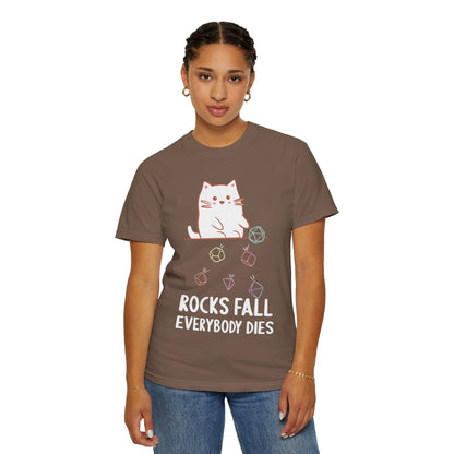 Printify T-Shirt Rocks Fall Everybody Dies Kawaii Cat T-Shirt - Comfort Colors