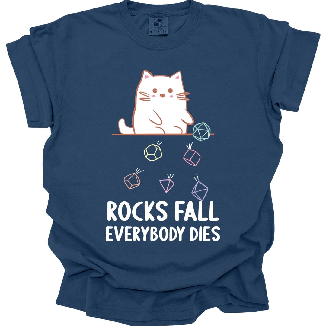 Printify T-Shirt True Navy / S Rocks Fall Everybody Dies Kawaii Cat T-Shirt - Comfort Colors