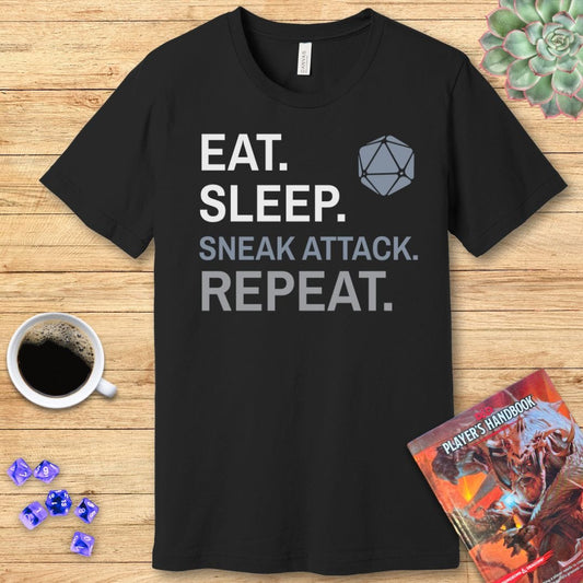 Printify T-Shirt Rogue T-Shirt – 'Eat, Sleep, Sneak Attack, Repeat'