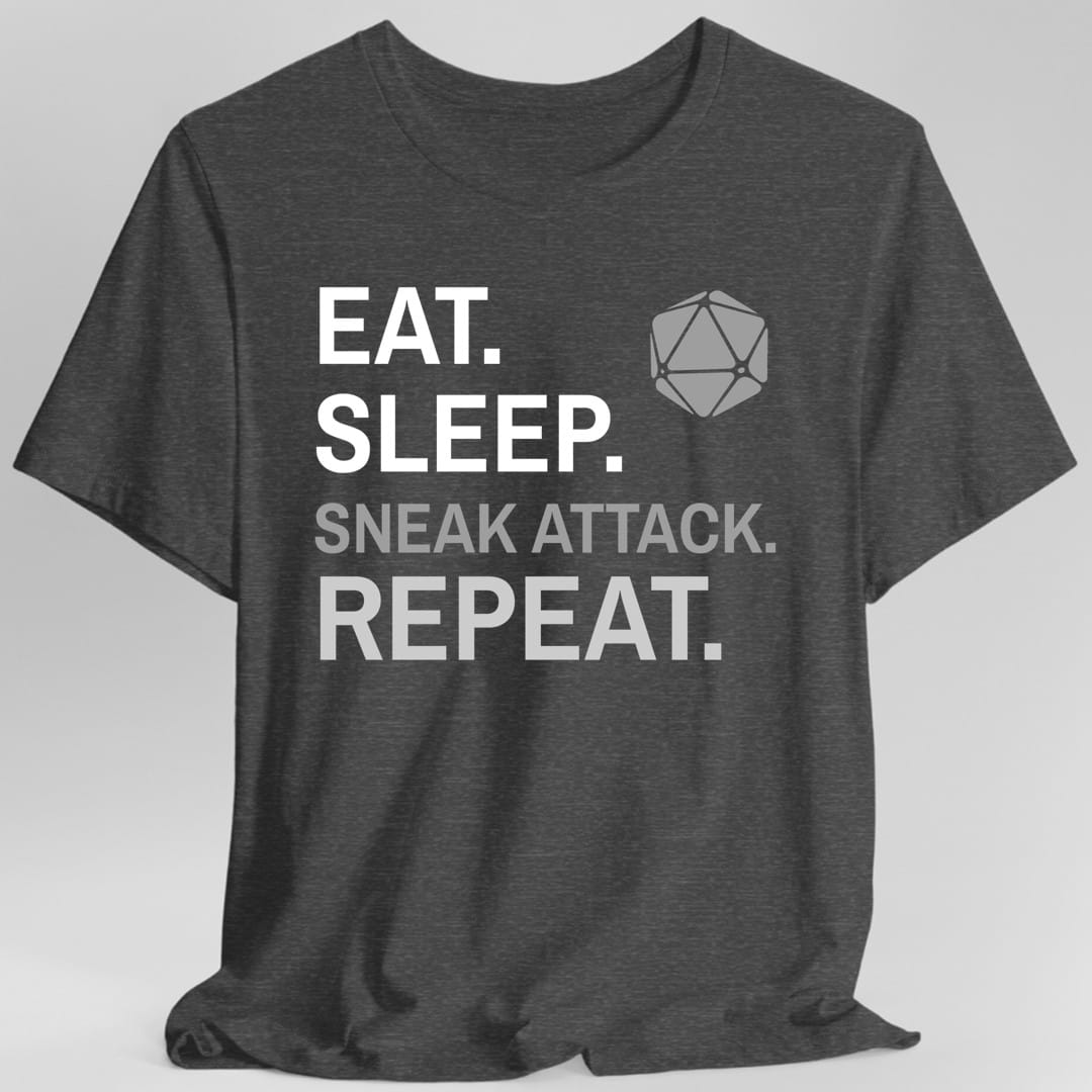The same Rogue Eat Sleep Sneak attack design, on a dark heather t-shirt.