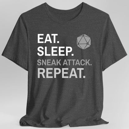The same Rogue Eat Sleep Sneak attack design, on a dark heather t-shirt.