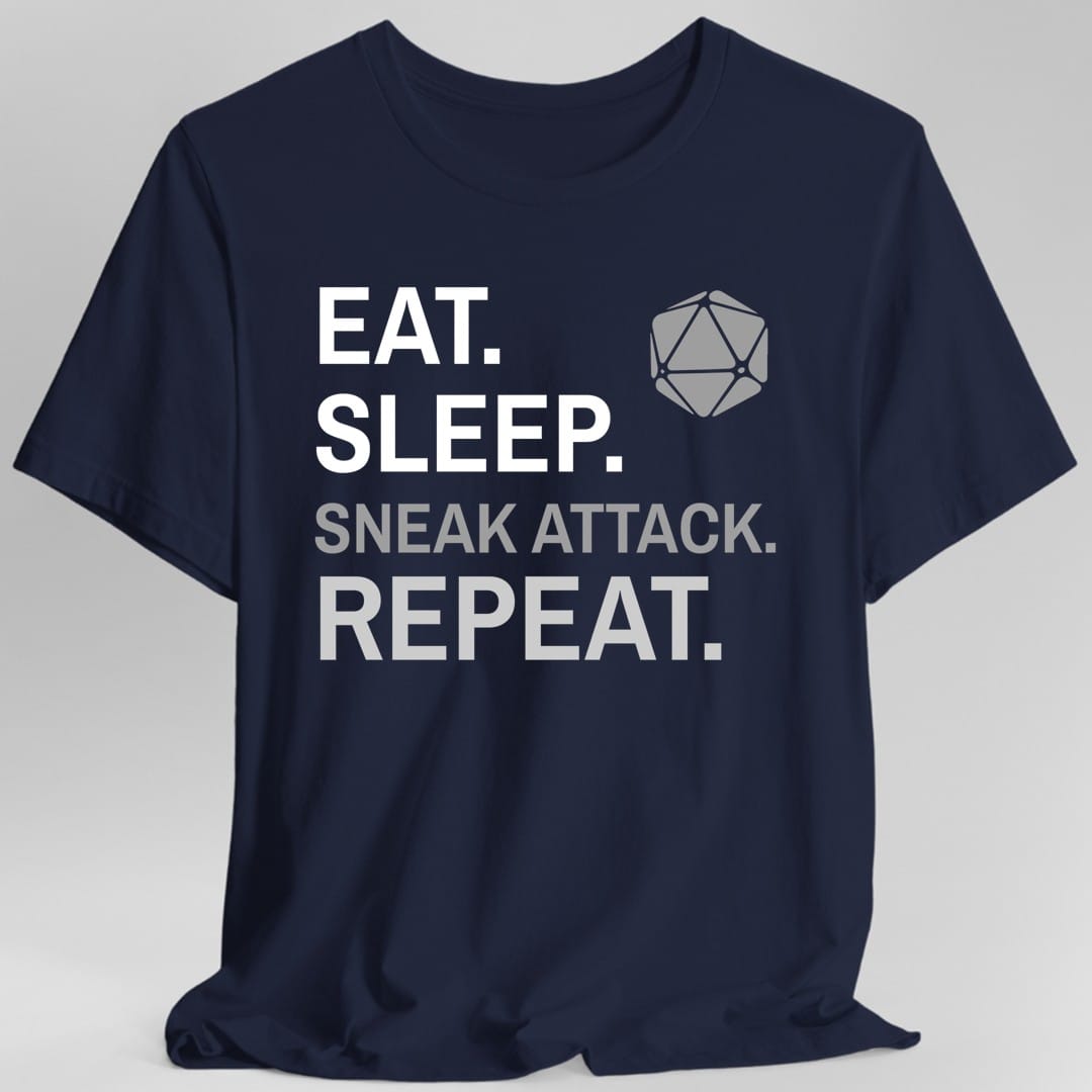 The same Rogue Eat Sleep Sneak attack design, on a navy t-shirt.