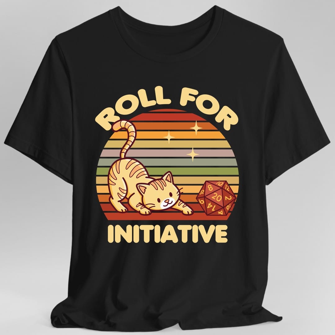 Black t-shirt. Reads "Roll for" curving across the top and "Initiative" across the bottom in cream lettering. Between them a ginger tabby cat crouches with its paw on a red twenty-sided die, against a retro sunset of horizontal stripes in orange, green and cream.