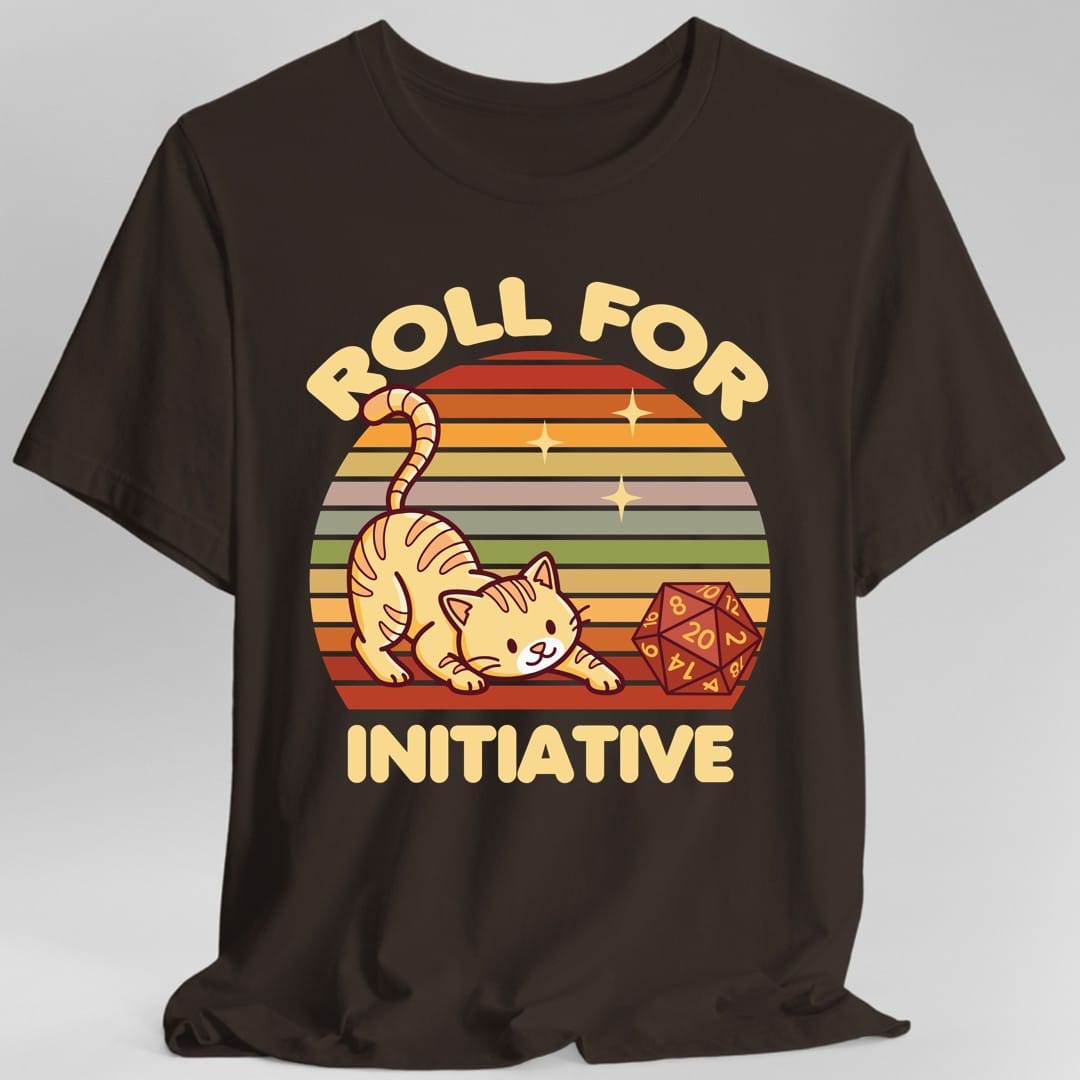 The same Roll For Initiative kawaii cat design, on a dark chocolate t-shirt.