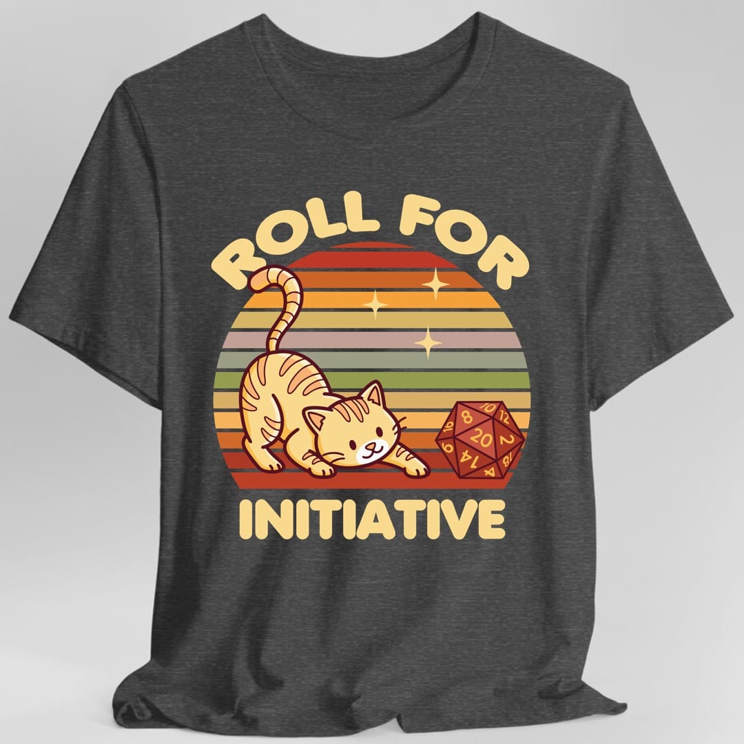 The same Roll For Initiative kawaii cat design, on a dark heather t-shirt.