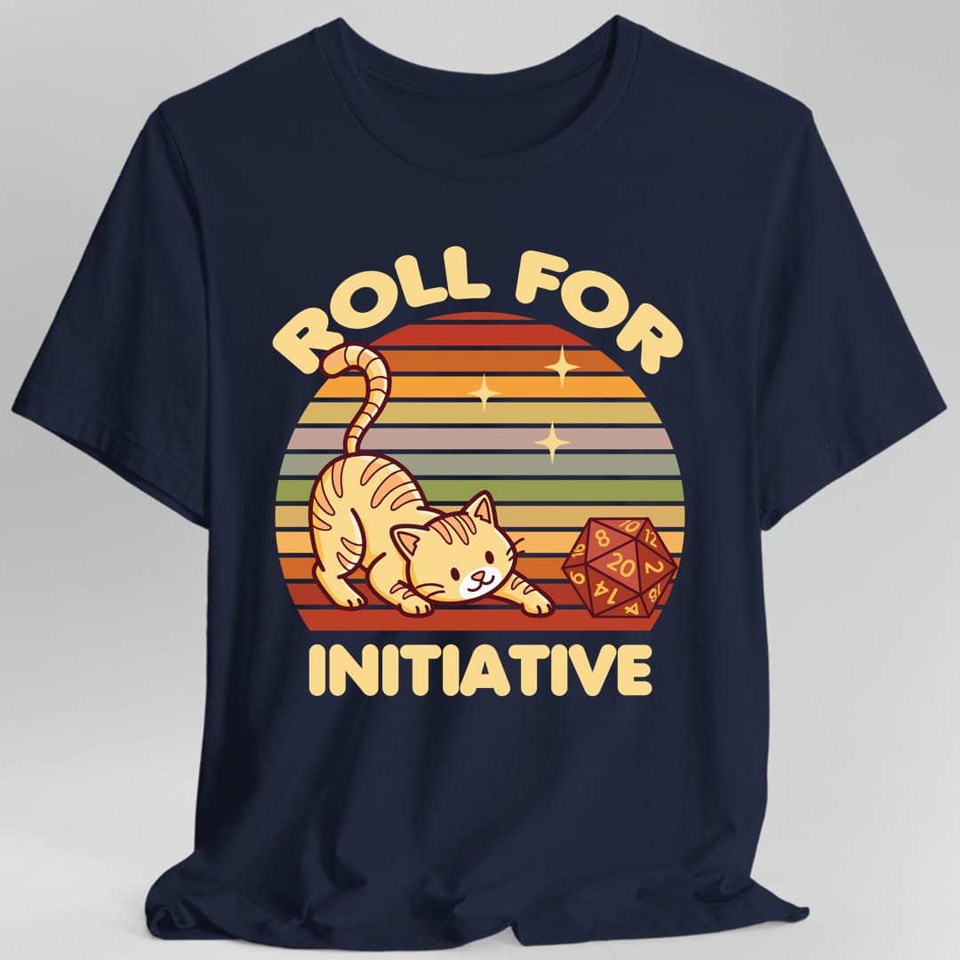 The same Roll For Initiative kawaii cat design, on a navy t-shirt.