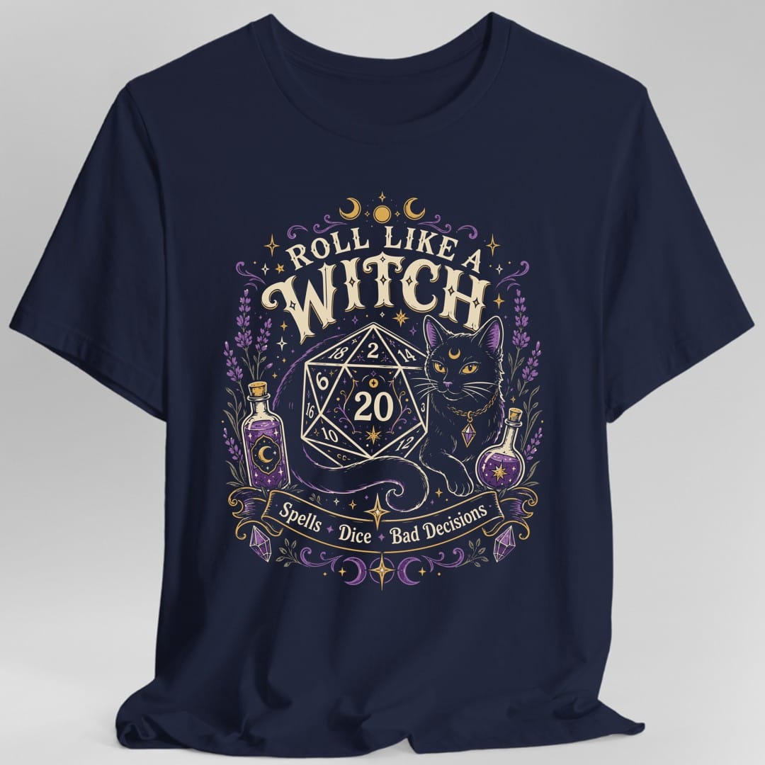 The same Roll Like a Witch design, on a navy t-shirt.