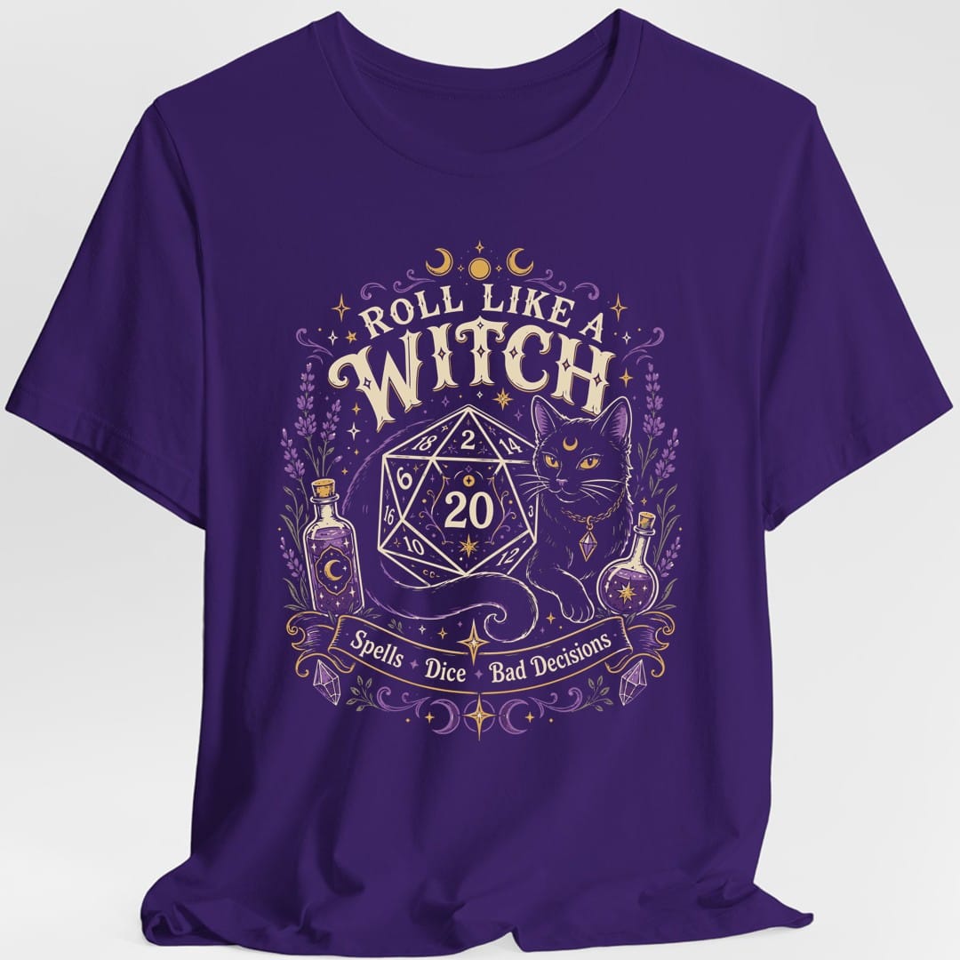 The same Roll Like a Witch design, on a purple t-shirt.