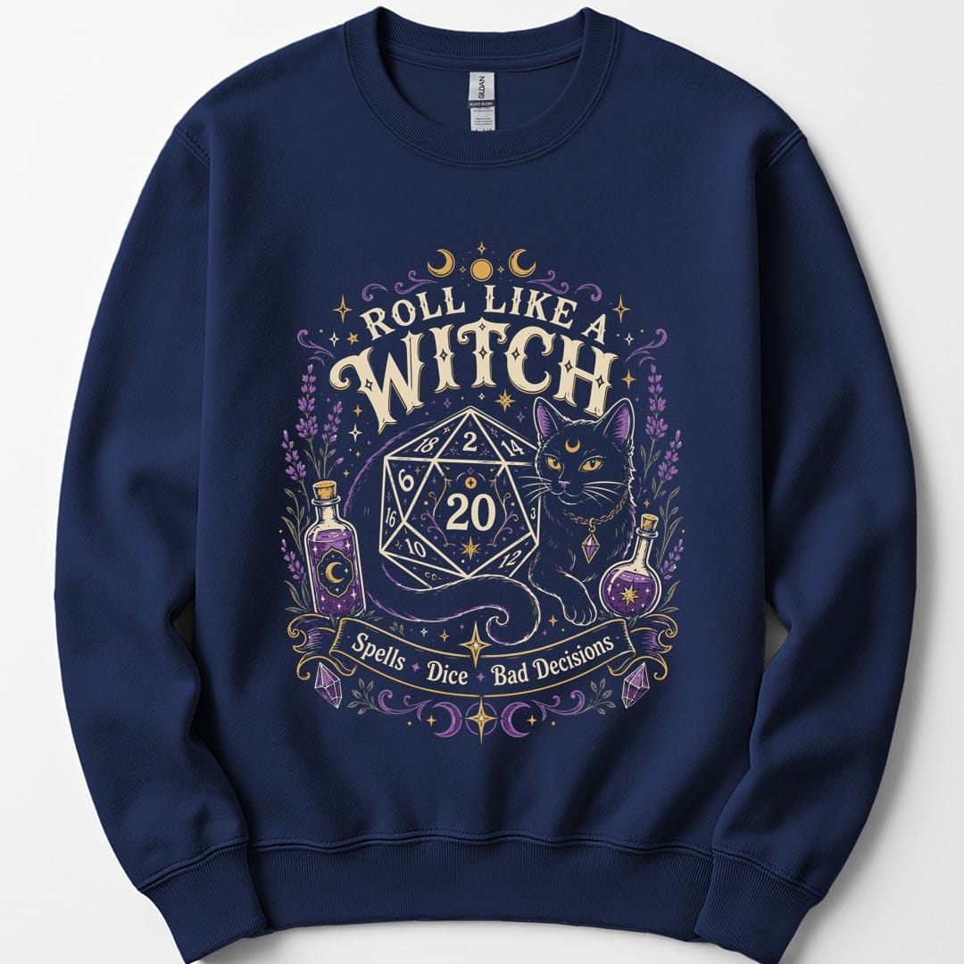 The same Roll Like a Witch design, on a navy sweatshirt.