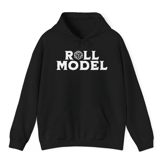 Black hoodie. Reads "Roll model" on two lines in heavy white capitals, where the letter O in Roll is replaced by a white twenty-sided die outline. Nothing else on the shirt, no illustration or color.