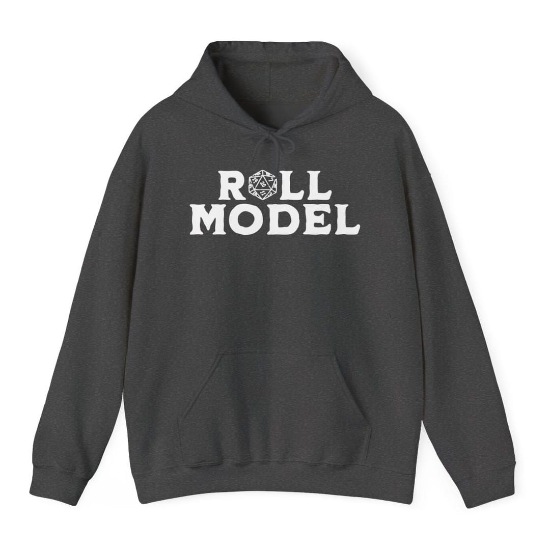 The same Roll Model design, on a dark heather hoodie.