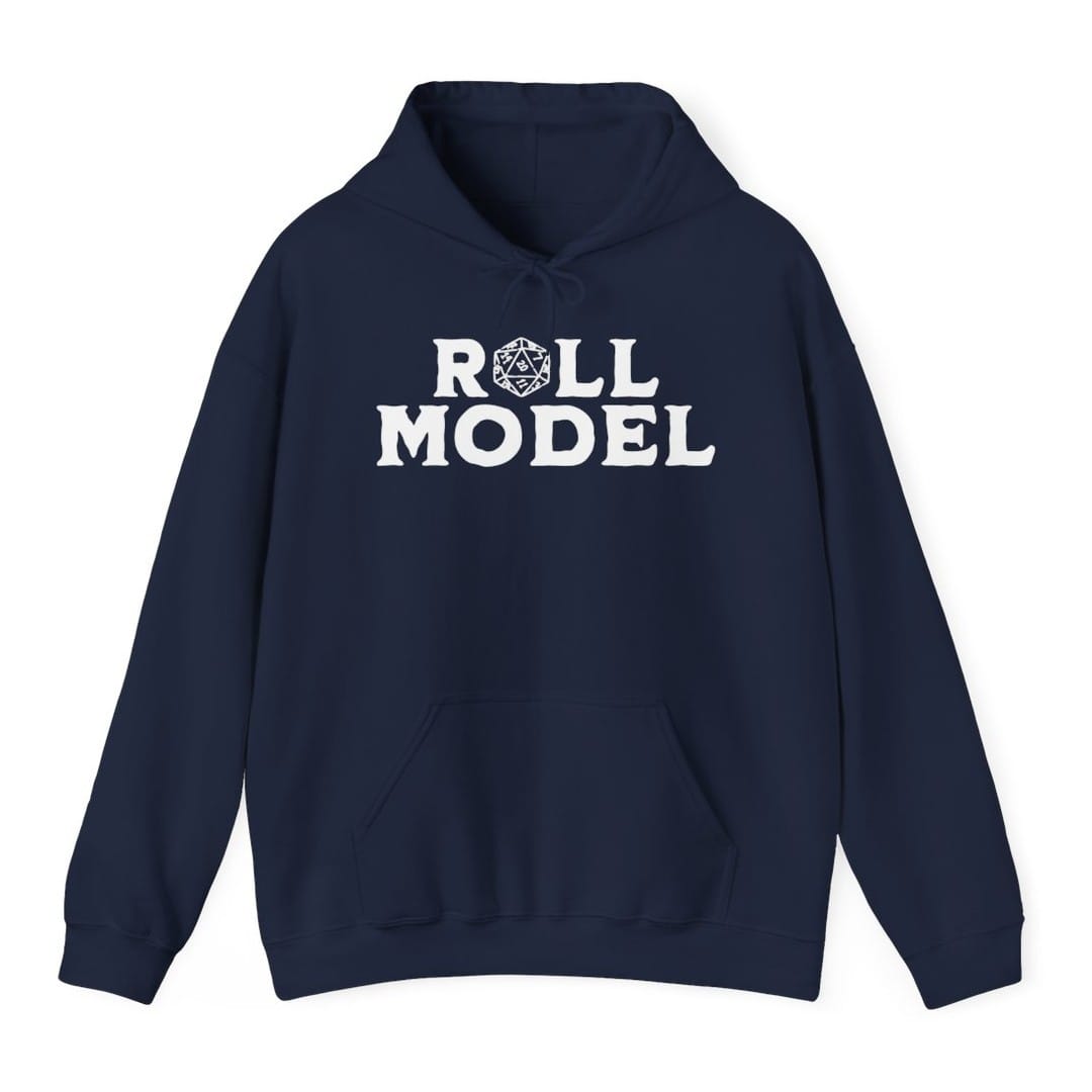 The same Roll Model design, on a navy hoodie.