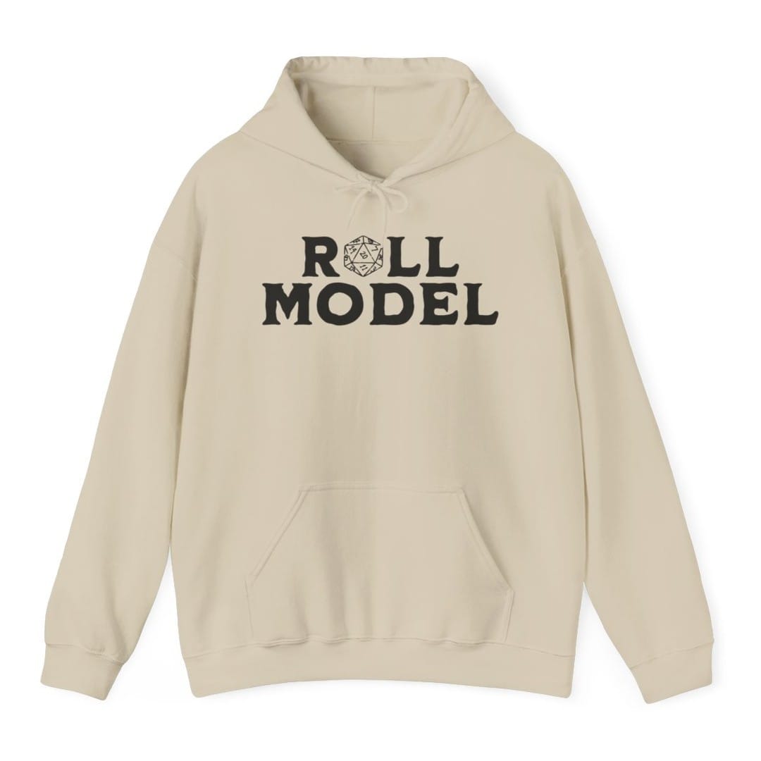 The same Roll Model design, on a sand hoodie.