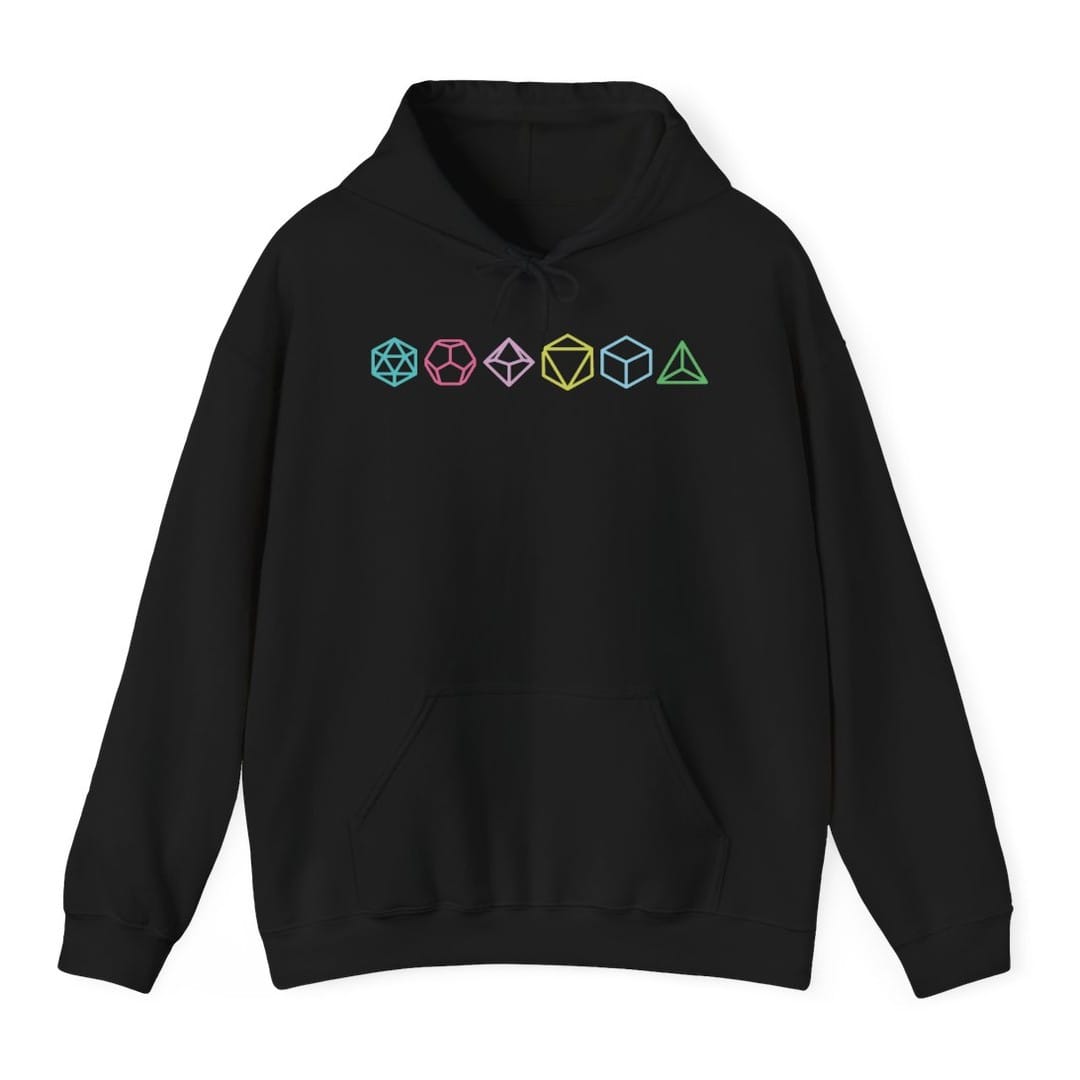 Black hoodie. Six polyhedral dice sit in a single row across the chest, each a different shape and color, teal, pink, lilac, gold, blue and green, drawn as simple flat outlines with the facets showing. Small and centered, with no words at all.