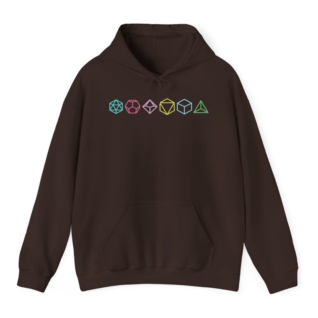 The same Row of Dice design, on a dark chocolate hoodie.