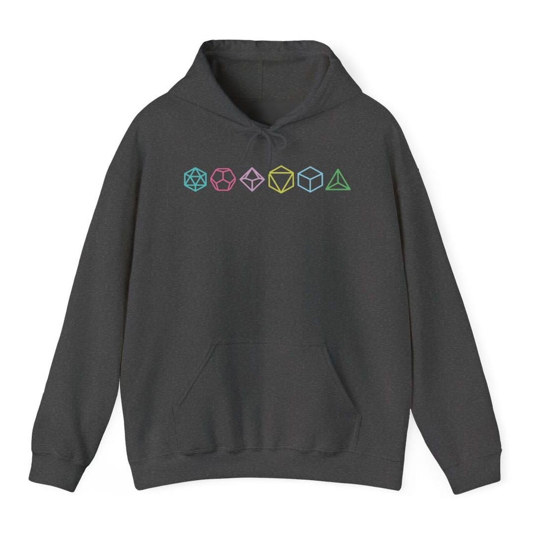 The same Row of Dice design, on a dark heather hoodie.