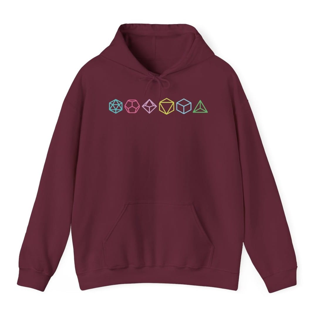 The same Row of Dice design, on a maroon hoodie.
