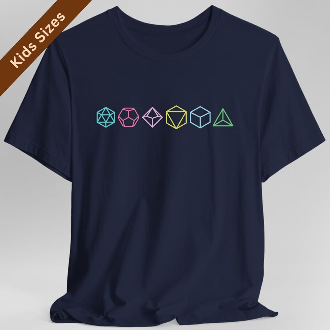 The same Row of Dice design, on a navy kids t-shirt.
