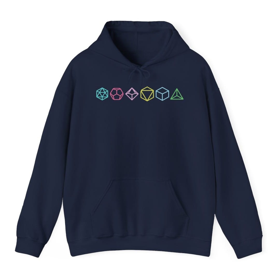 The same Row of Dice design, on a navy hoodie.