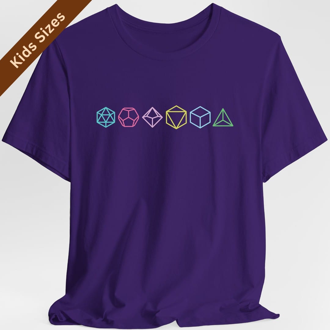 The same Row of Dice design, on a purple kids t-shirt.