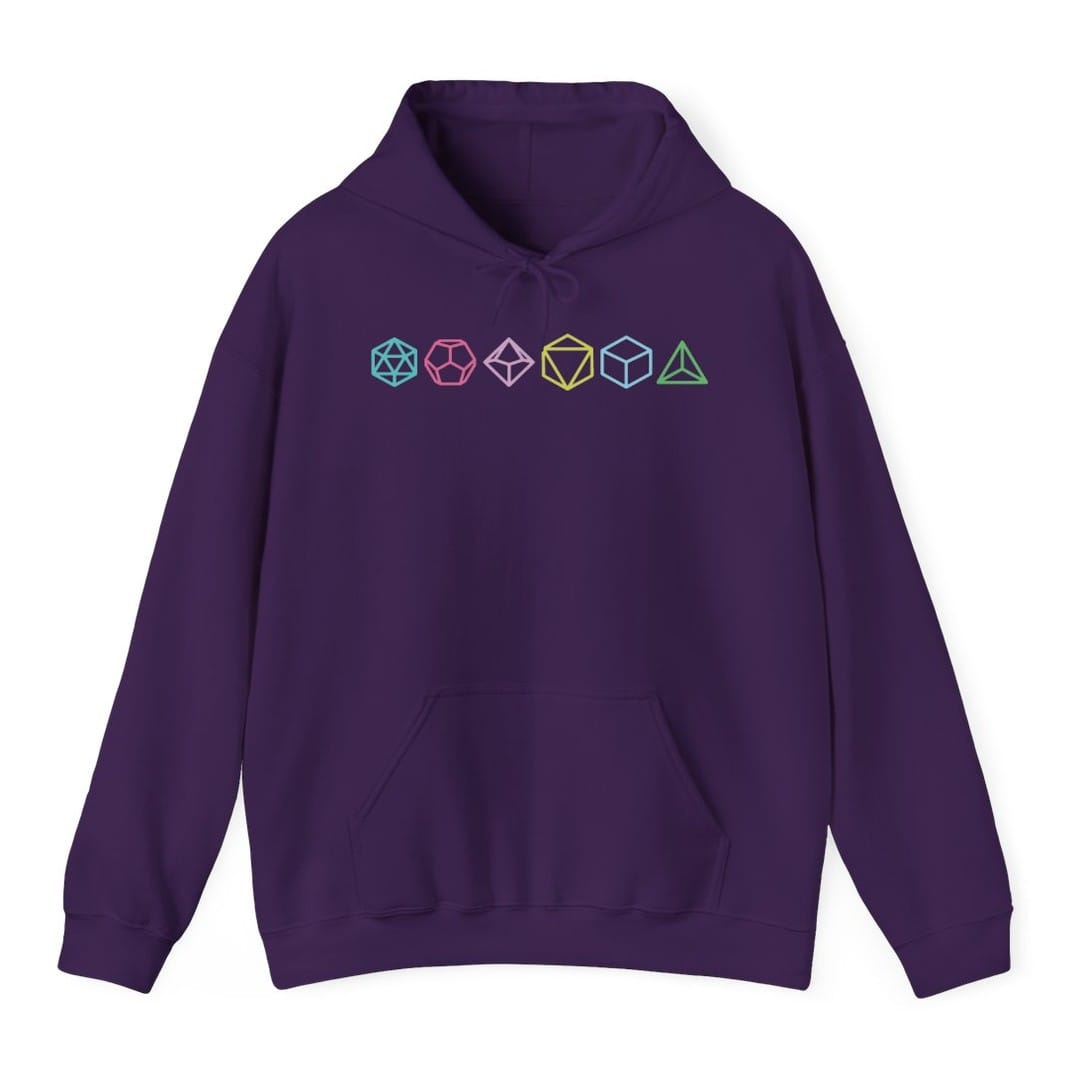 The same Row of Dice design, on a purple hoodie.