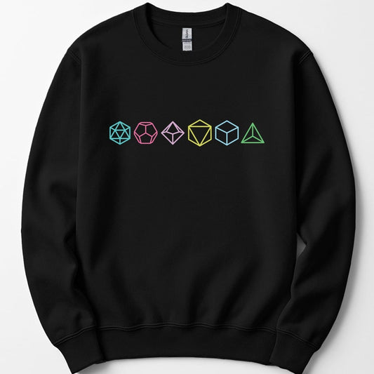 Black sweatshirt. Six polyhedral dice sit in a single row across the chest, each a different shape and color, teal, pink, lilac, gold, blue and green, drawn as simple flat outlines with the facets showing. Small and centered, with no words at all.