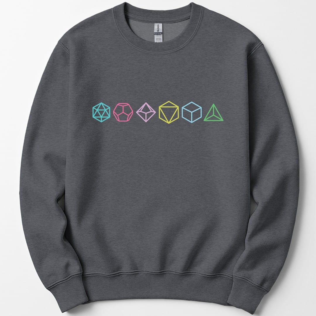 The same Row of Dice design, on a dark heather sweatshirt.