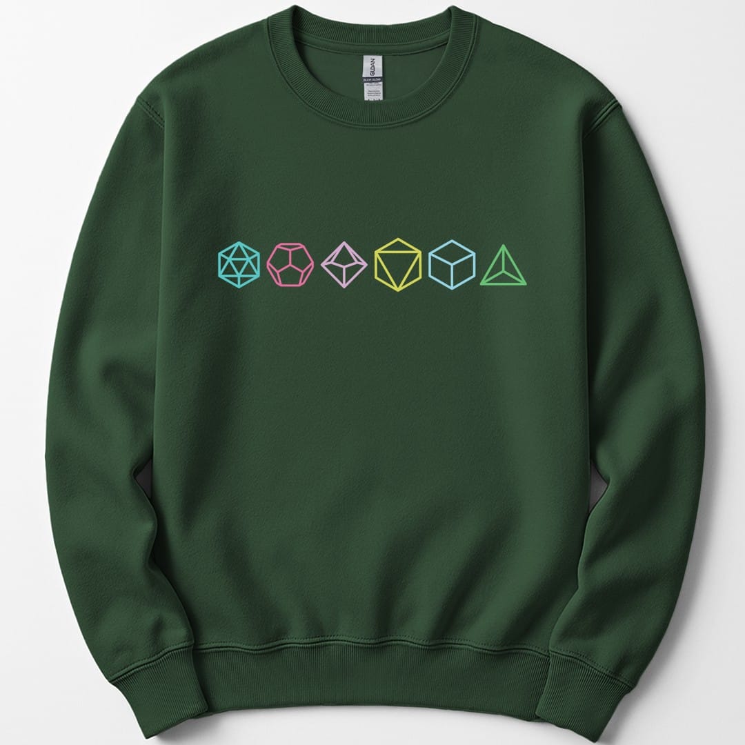The same Row of Dice design, on a forest green sweatshirt.