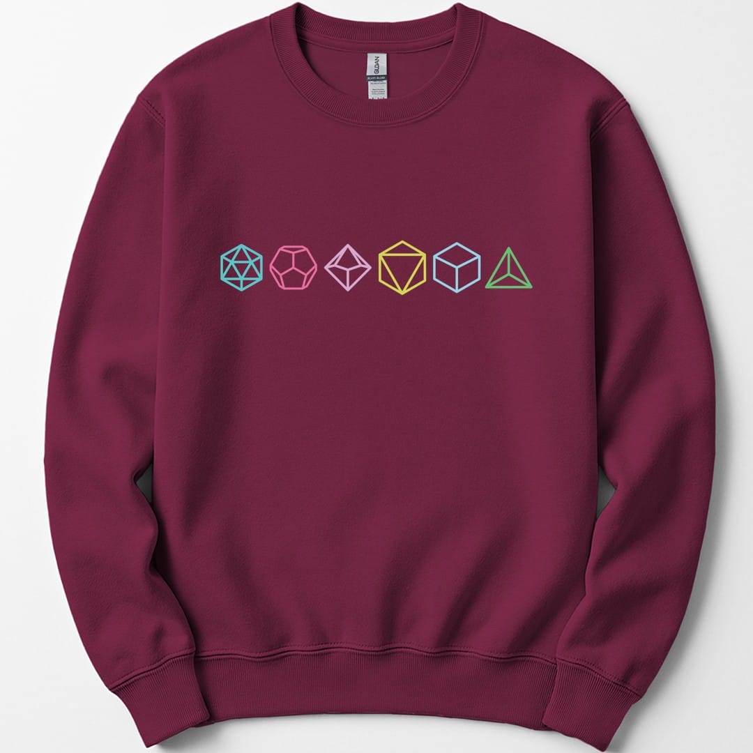 The same Row of Dice design, on a maroon sweatshirt.