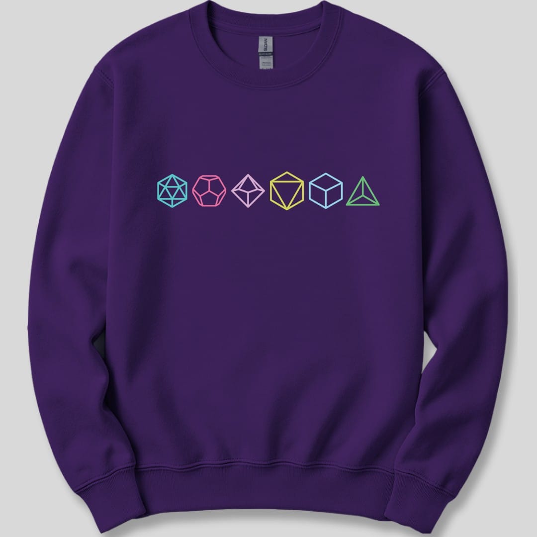 The same Row of Dice design, on a purple sweatshirt.