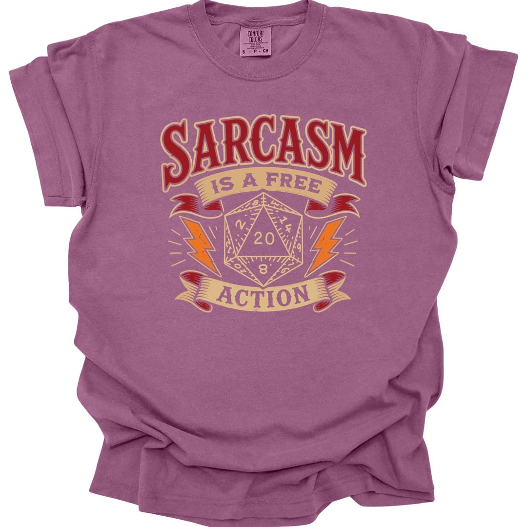 The same Sarcasm Is A Free Action design, on a berry t-shirt.