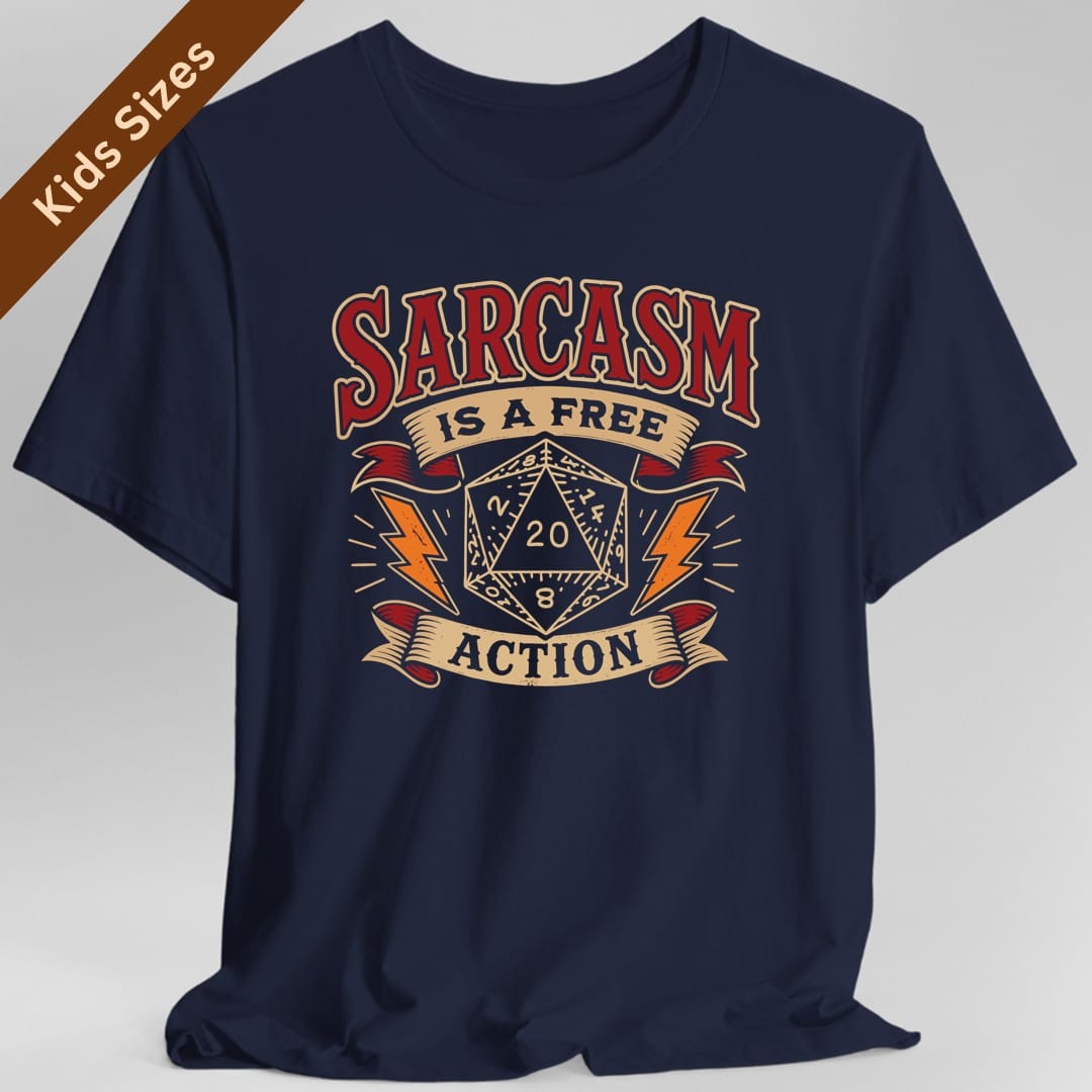The same Sarcasm Is A Free Action design, on a navy kids t-shirt.