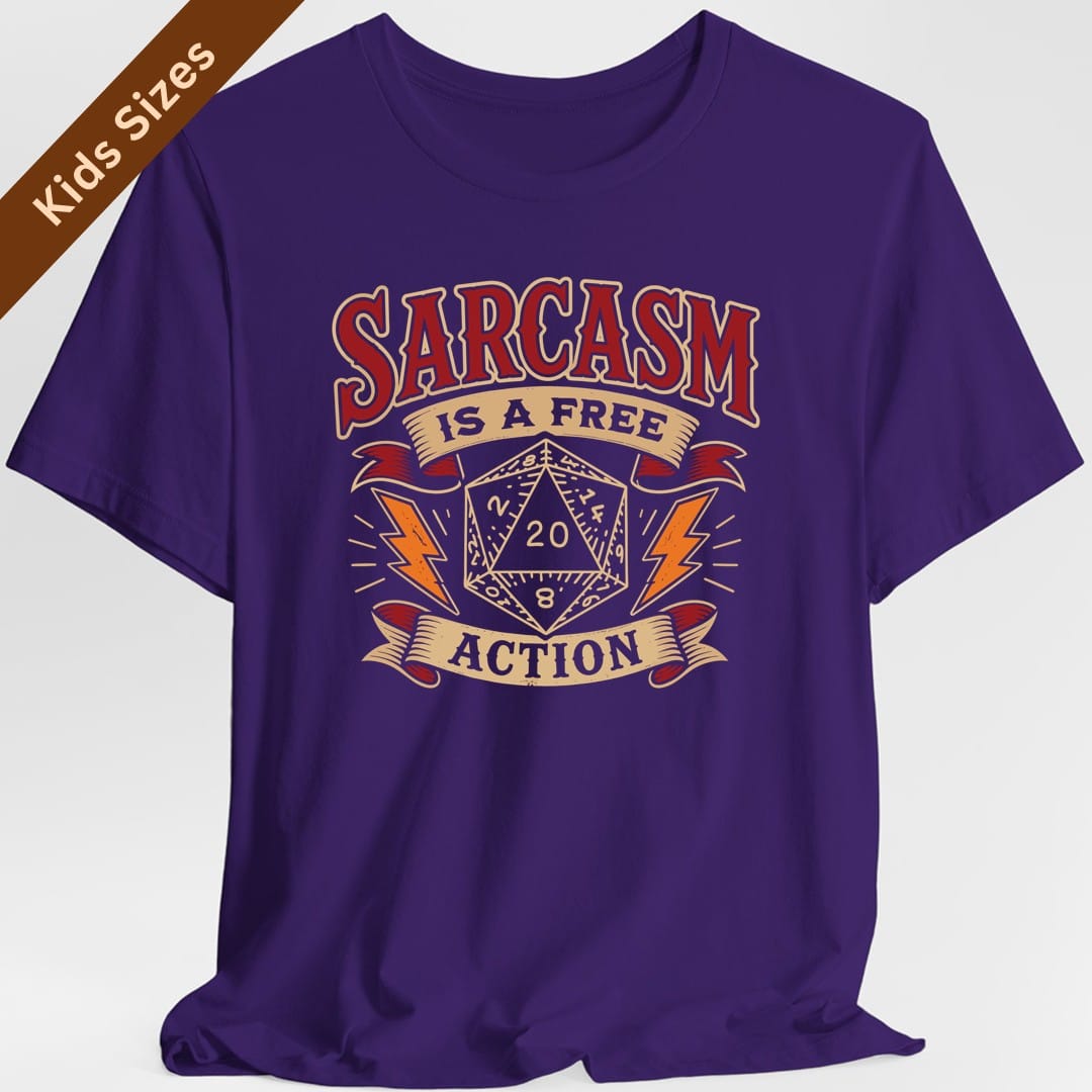 The same Sarcasm Is A Free Action design, on a purple kids t-shirt.