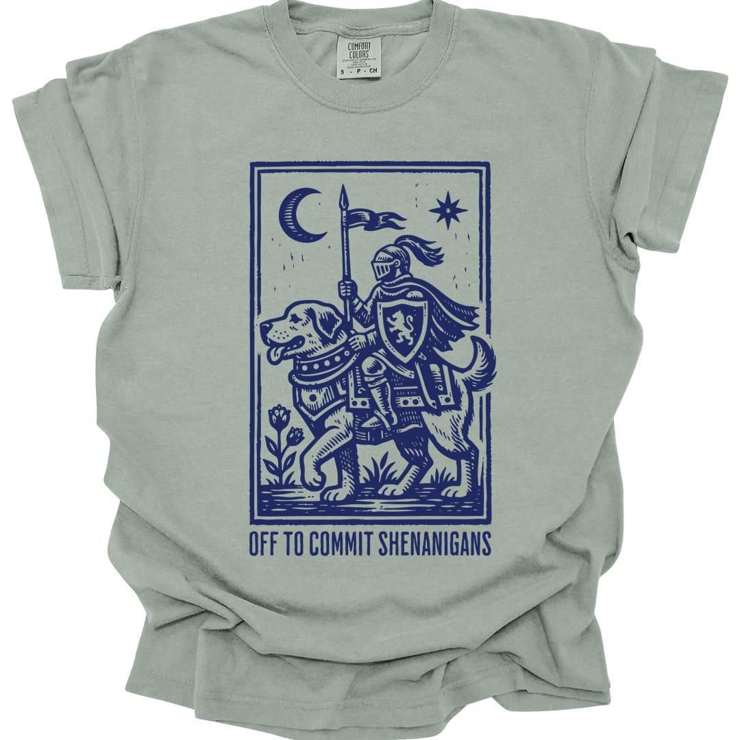 The same Off To Commit Shenanigans design, on a bay t-shirt.