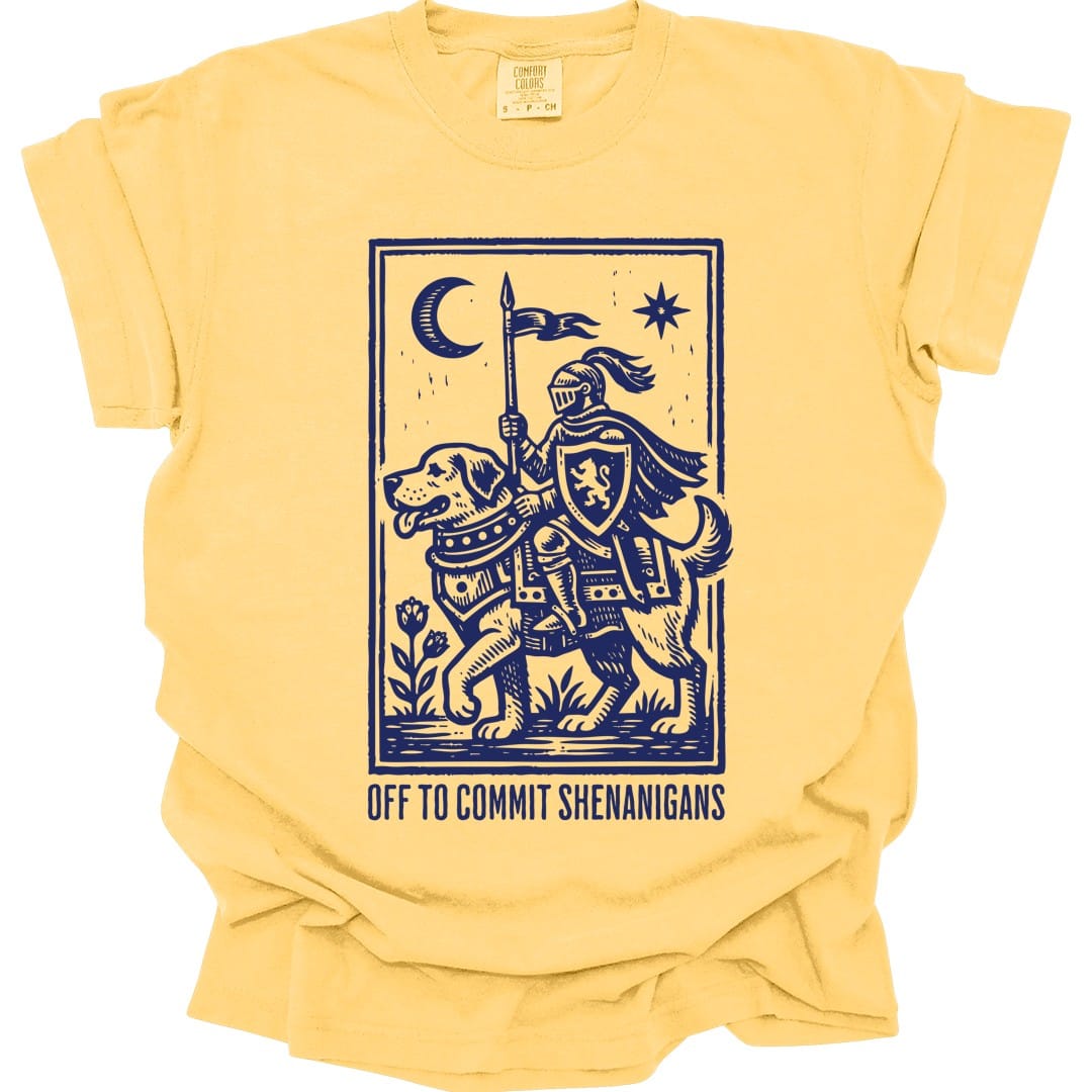 The same Off To Commit Shenanigans design, on a butter t-shirt.
