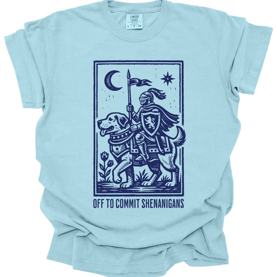 The same Off To Commit Shenanigans design, on a chambray t-shirt.