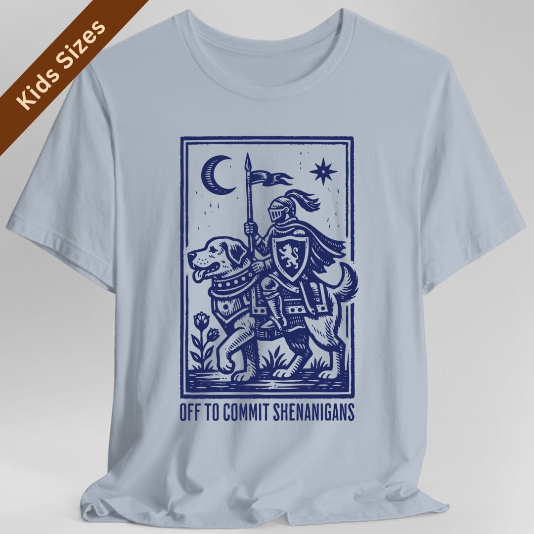 The same Off To Commit Shenanigans design, on a light blue kids t-shirt.
