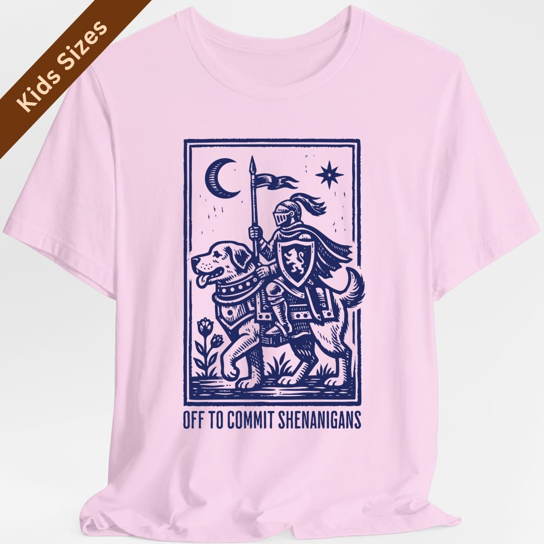 The same Off To Commit Shenanigans design, on a light pink kids t-shirt.