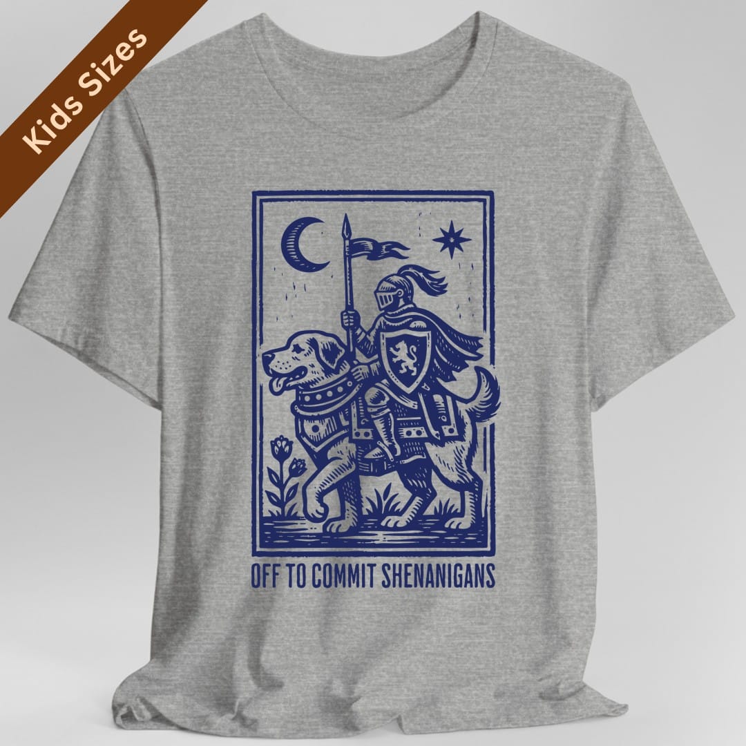 The same Off To Commit Shenanigans design, on a sport grey kids t-shirt.
