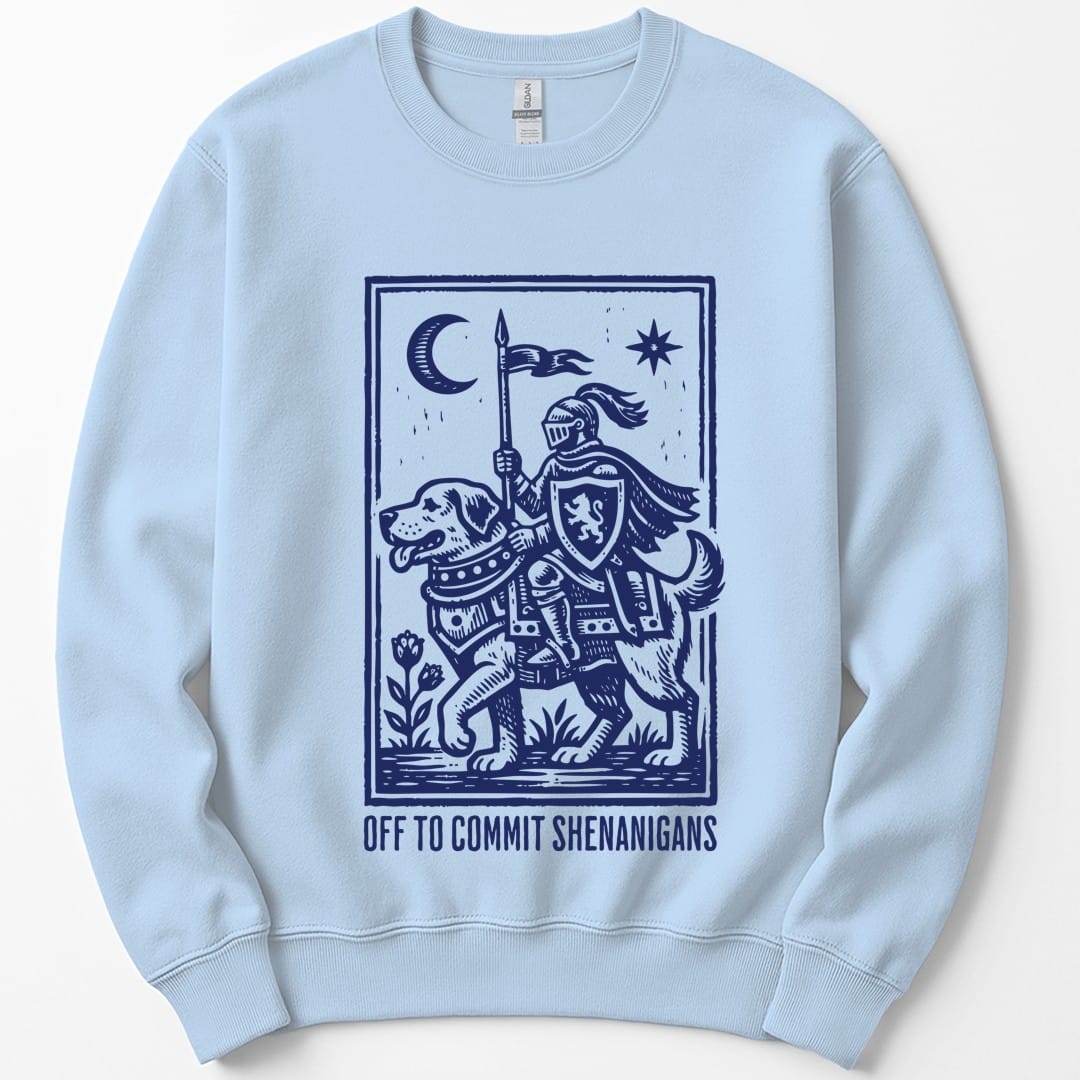 The same Off To Commit Shenanigans design, on a light blue sweatshirt.