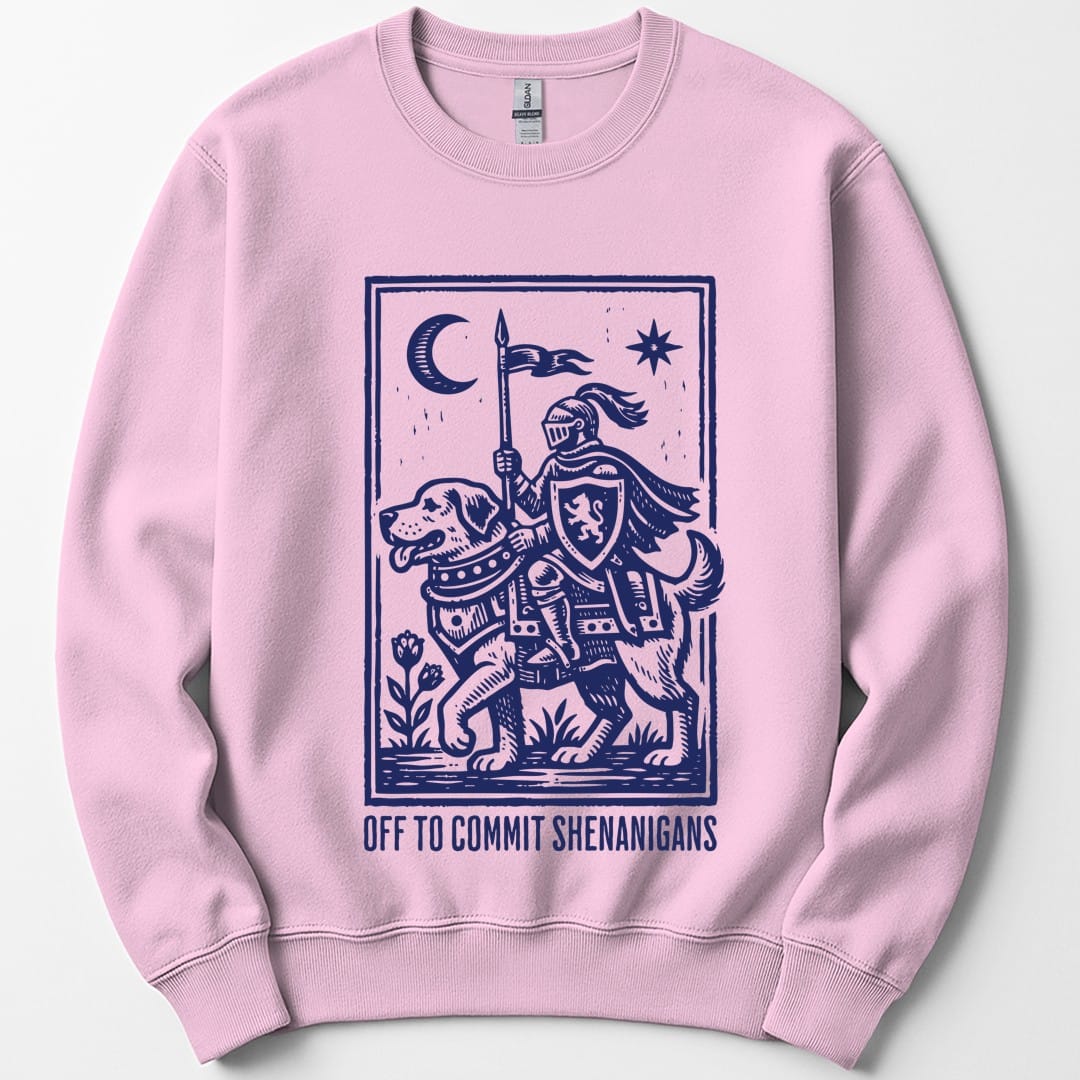 The same Off To Commit Shenanigans design, on a light pink sweatshirt.