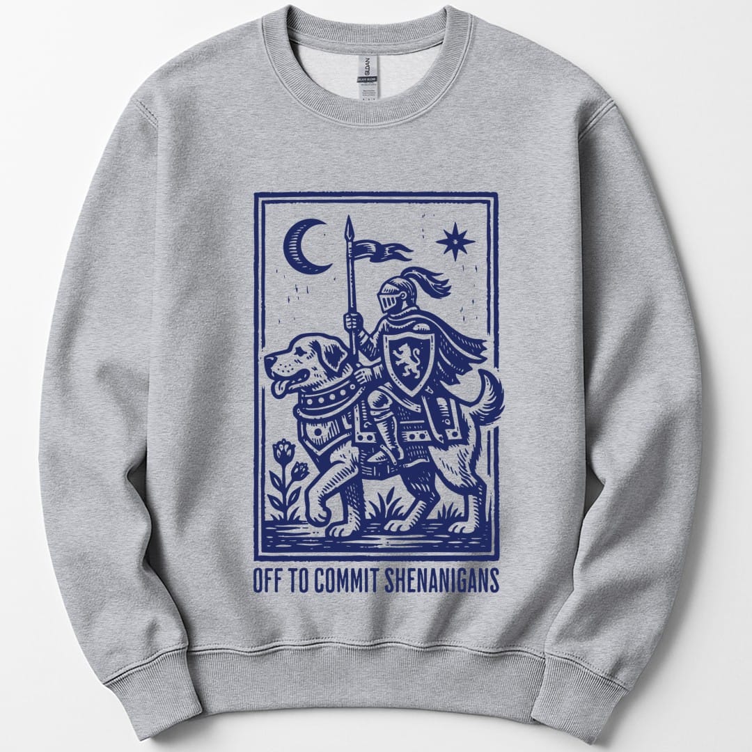The same Off To Commit Shenanigans design, on a sport grey sweatshirt.
